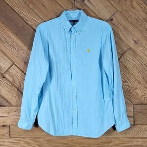Ralph Lauren Button Down Shirt Mens L Long Sleeve Pony Logo Gingham Lined Blue